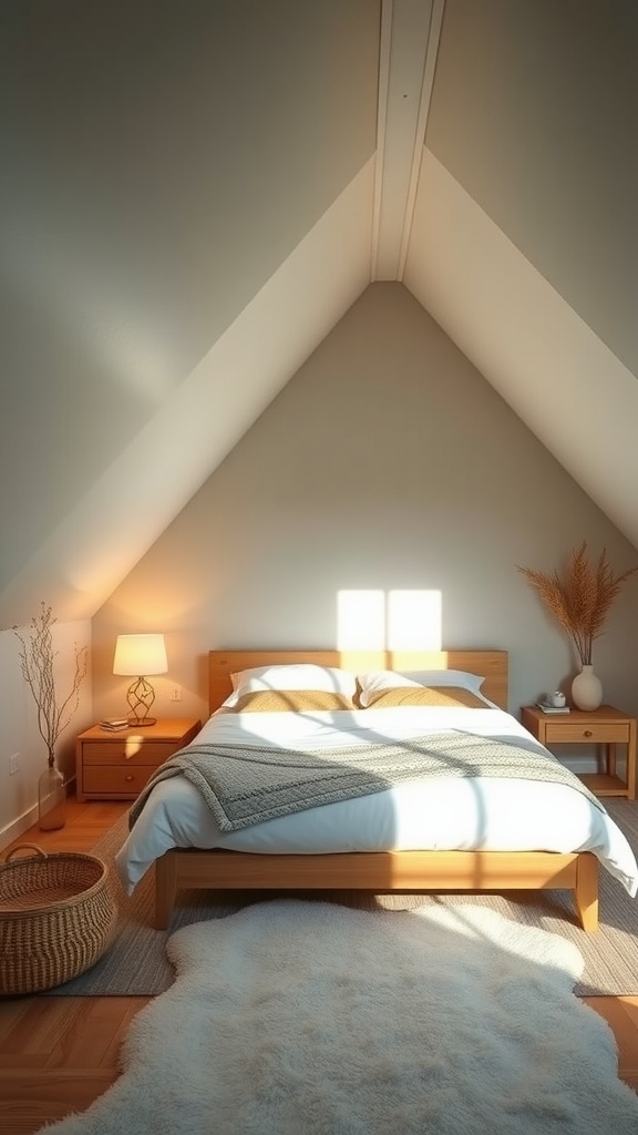 A serene attic bedroom with angled ceilings, featuring a wooden bed, soft lighting, and natural decor.