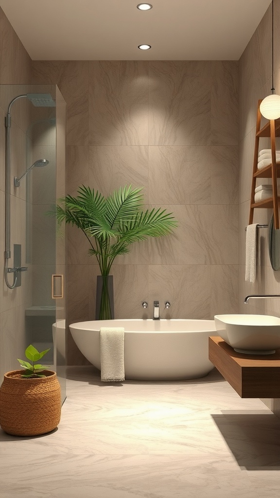 A serene bathroom with a freestanding tub, glass shower, and plants creating a spa-like retreat.