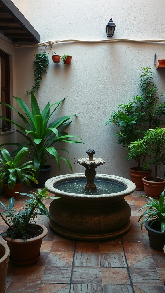 A serene water feature with a fountain surrounded by green plants in a cozy patio setting.