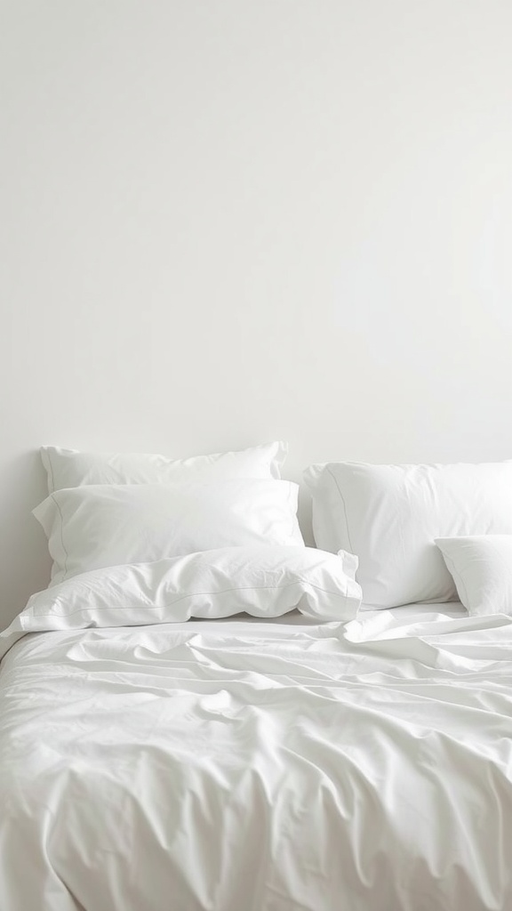 A minimal white bedroom featuring soft white bedding and pillows.