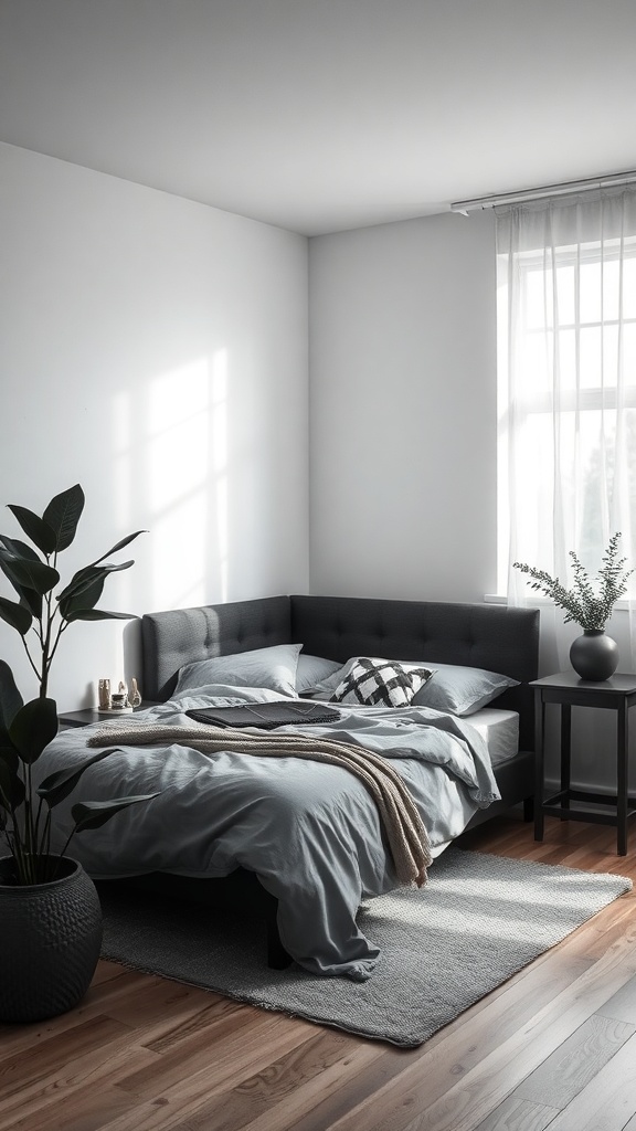 A serene gray and black bedroom featuring a corner sofa, soft bedding, and indoor plants.