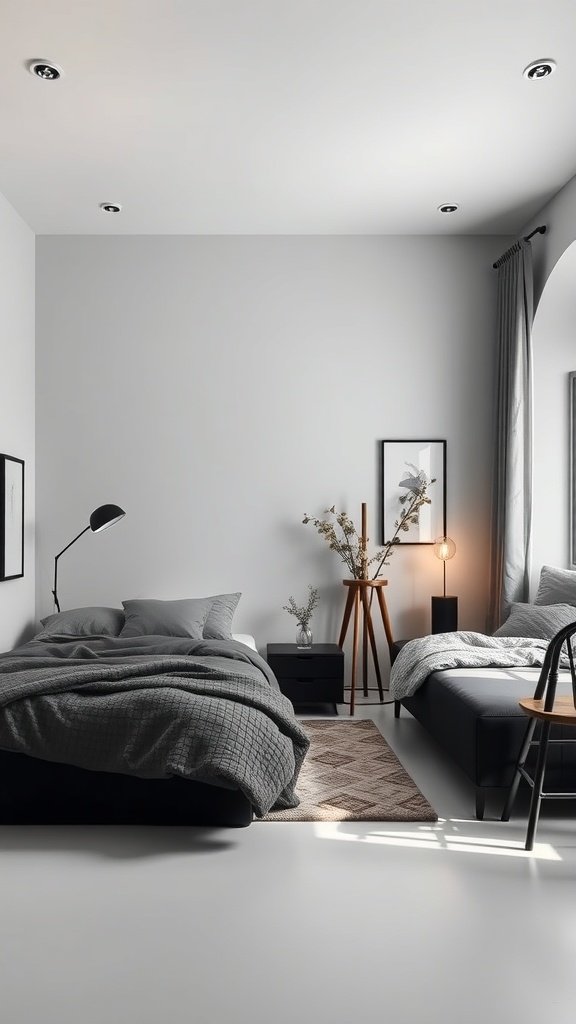 A serene bedroom featuring black furniture, gray bedding, and minimalist decor.