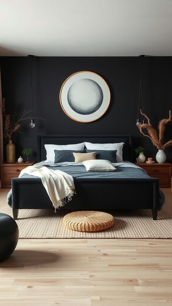 A serene bedroom featuring a black bed, dark walls, and natural decor elements.