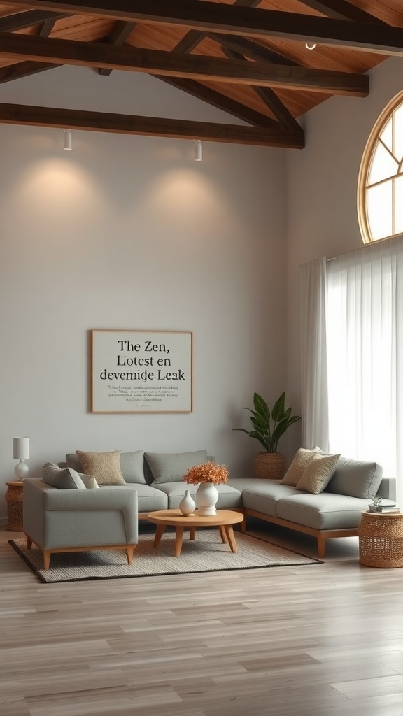 A serene living room with soft lighting, wooden beams, a cozy sofa, and natural decor.
