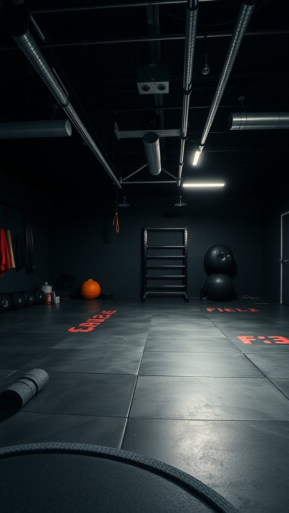 A black garage gym with a spacious area for stretching, featuring dark flooring, weights, and a foam roller.