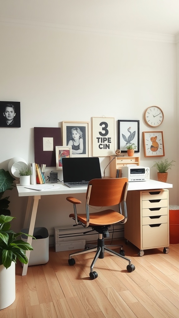 A cozy workspace with a desk, laptop, framed pictures on the wall, and plants.