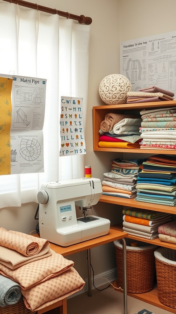 A cozy sewing corner featuring a sewing machine, neatly organized fabrics, and sewing patterns on the wall.