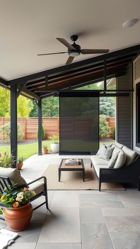 A covered patio with comfortable seating, a ceiling fan, and a retractable screen for privacy.