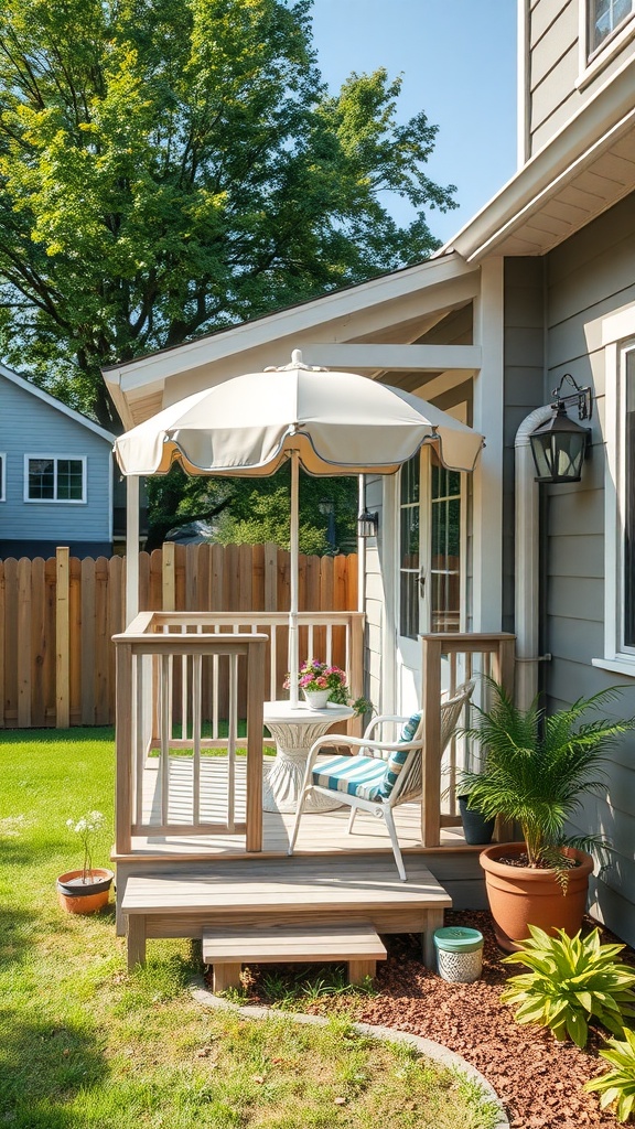 A small back porch with an umbrella, a table, and chairs surrounded by plants in a sunny yard.