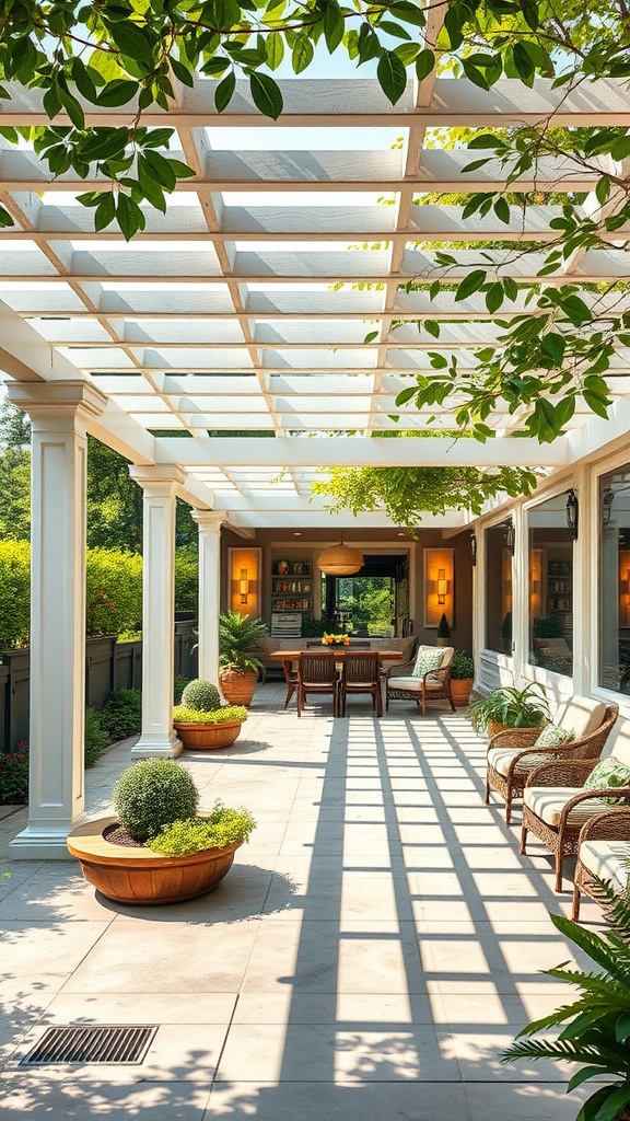 A beautiful back porch patio with a white pergola, comfortable seating, and potted plants.
