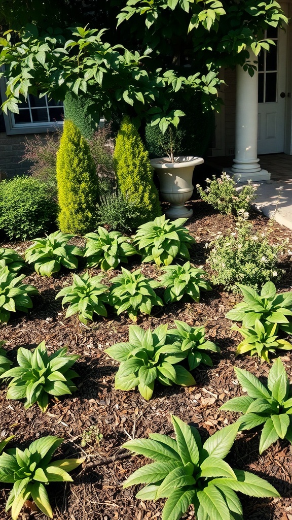 A well-arranged front yard landscape featuring hostas and ornamental plants in a shaded area.