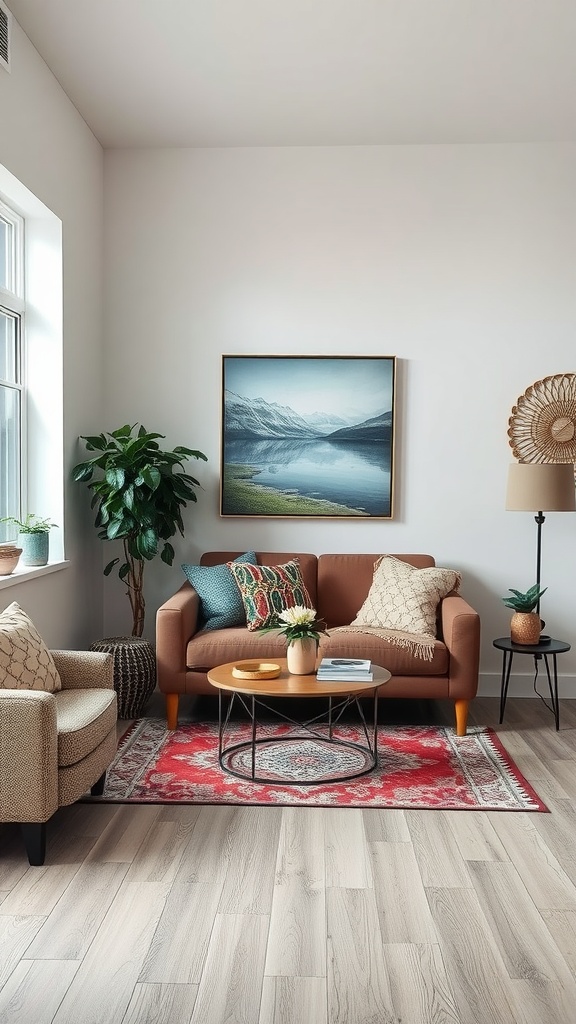 Cozy living room with a brown sofa, colorful pillows, a coffee table on a rug, plants, and a landscape painting.