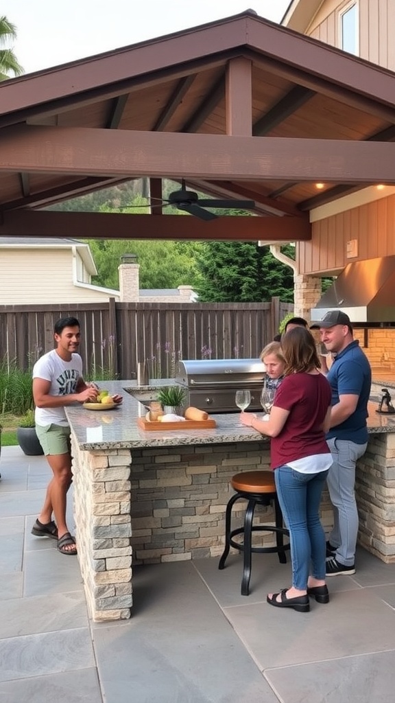 Group of friends enjoying an outdoor kitchen with a grill and a bar area.