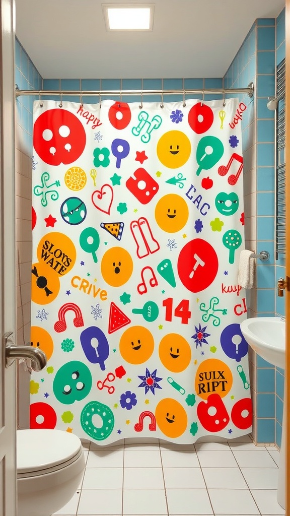 Colorful shower curtain with various playful prints in a 70s style bathroom.