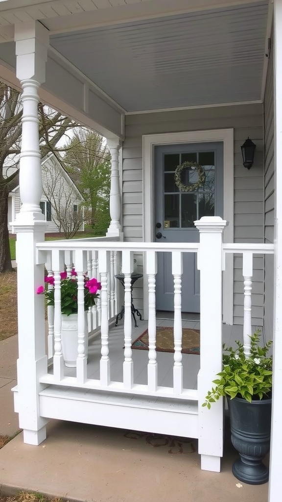 A small front porch with white railings, potted flowers, and a welcoming door.