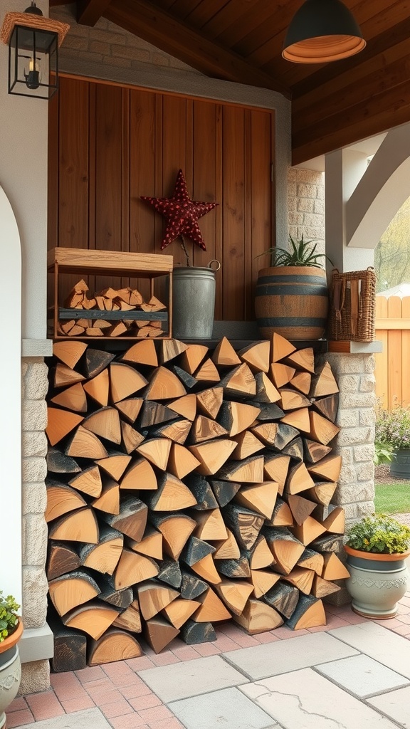 A well-organized firewood storage area on a patio with stacked wood, decorative elements, and potted plants