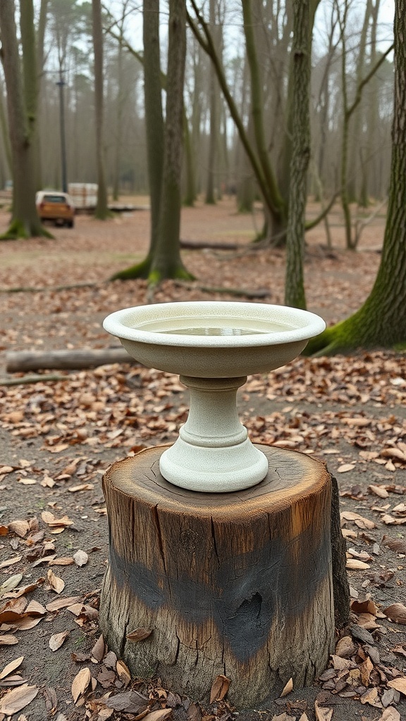 A simple stone bowl bird bath on a tree stump surrounded by fallen leaves in a forest