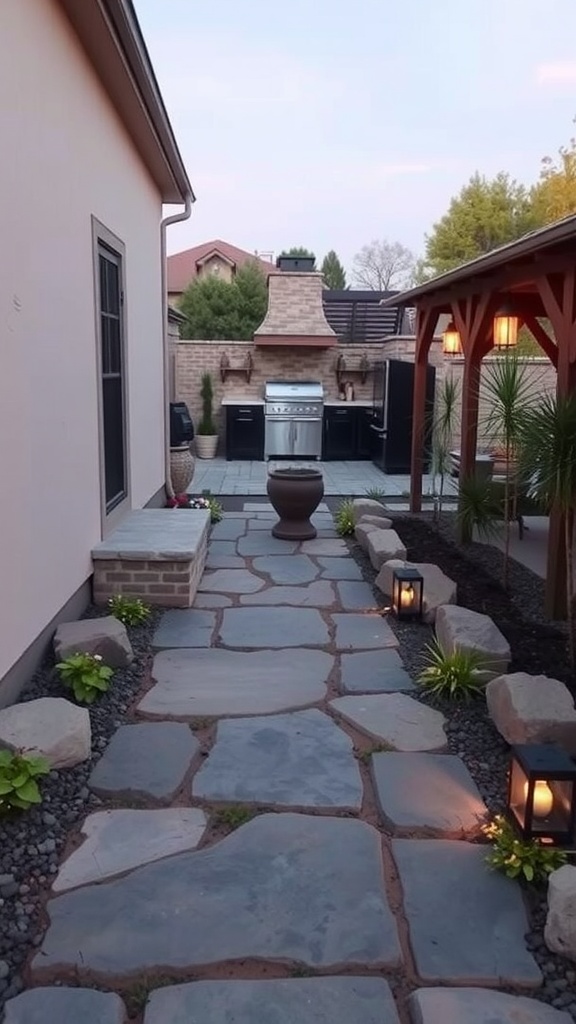 A stone pathway leading to an outdoor kitchen, with plants and lanterns on either side.