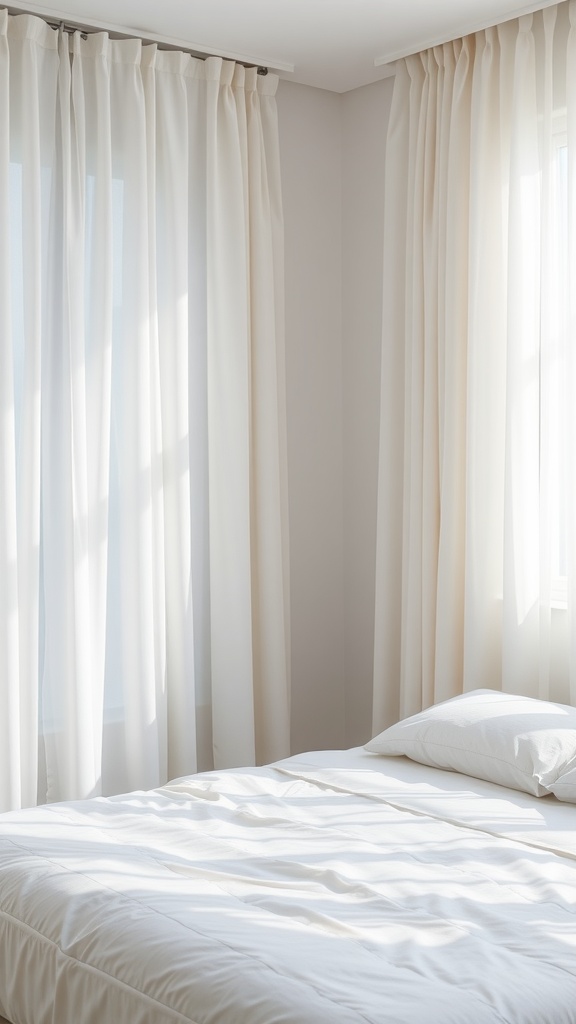 A minimal white bedroom with sheer curtains and a bed.