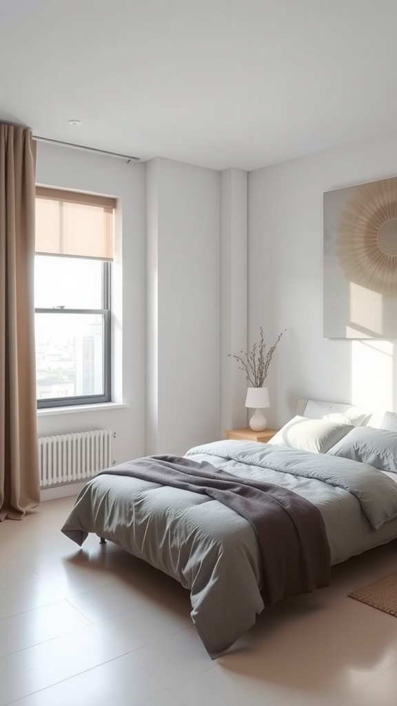 A minimalistic bedroom featuring soft curtains and a roller shade, with a cozy bed and neutral color palette.