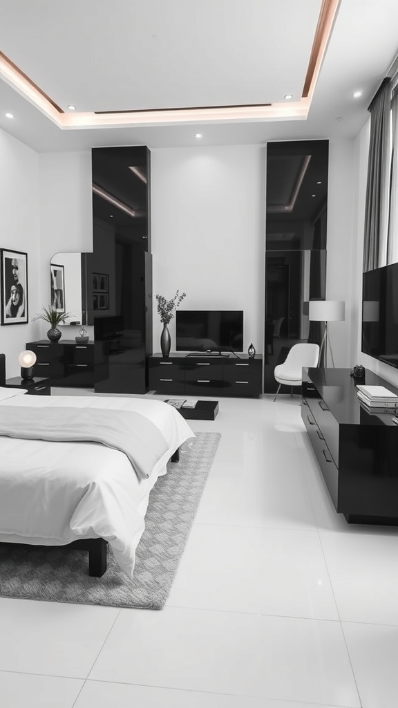 A modern black and white bedroom featuring sleek furniture and a minimalist design.