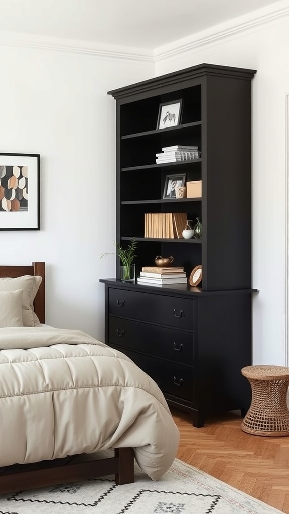 A stylish black dresser and bookshelf in a small bedroom, featuring light walls and wooden flooring.