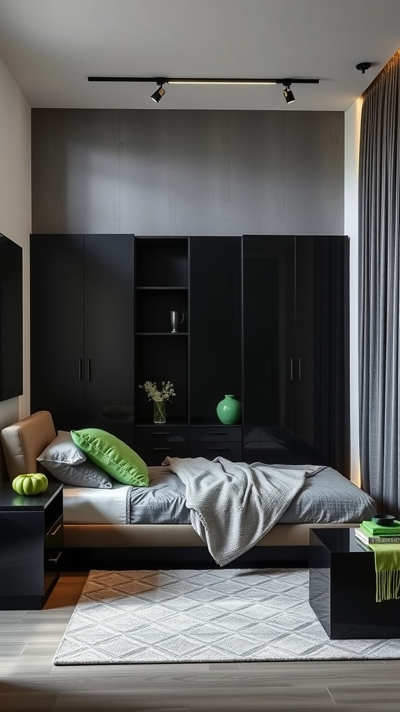 Modern bedroom with sleek black furniture and green accents