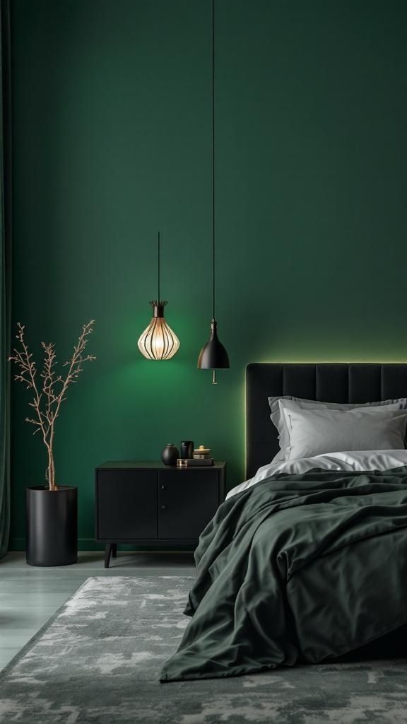 A stylish bedroom featuring green walls and sleek black furniture, including a bed and nightstand.