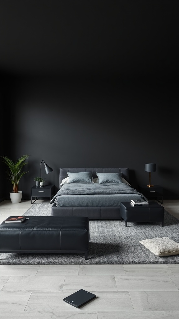 A sleek black bedroom featuring a modern bed, nightstands, and a cozy rug.