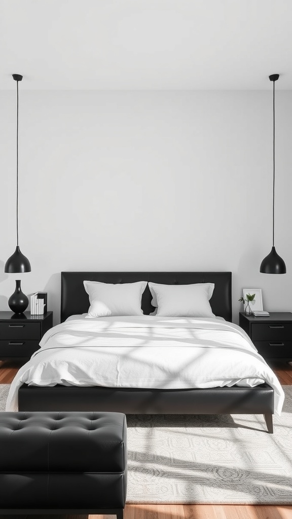 A modern black and white bedroom featuring a sleek black bed, nightstands, and ottoman, with white bedding and walls.