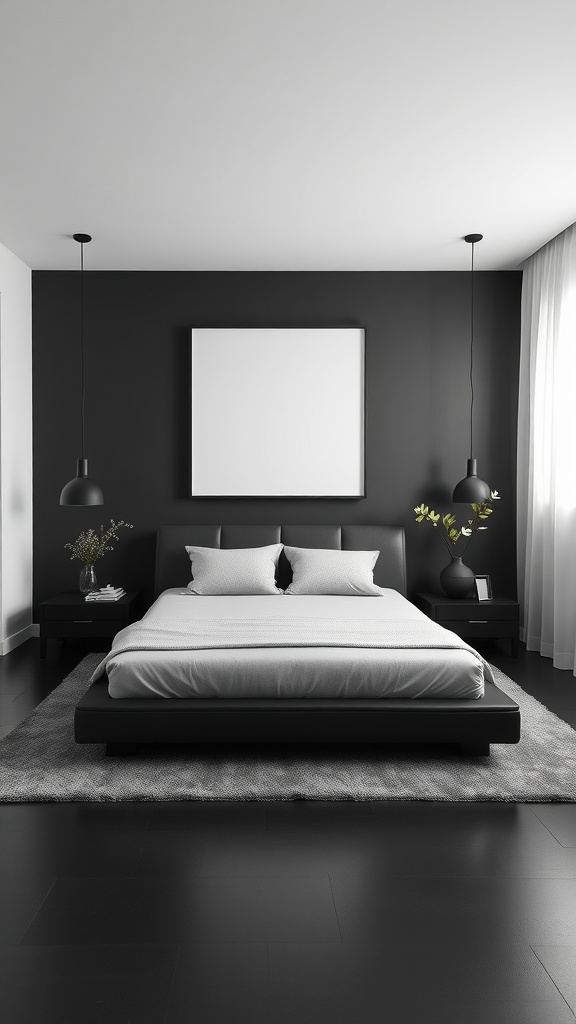 A sleek black minimalist bedroom featuring a low-profile bed, black walls, pendant lighting, and a plush rug.
