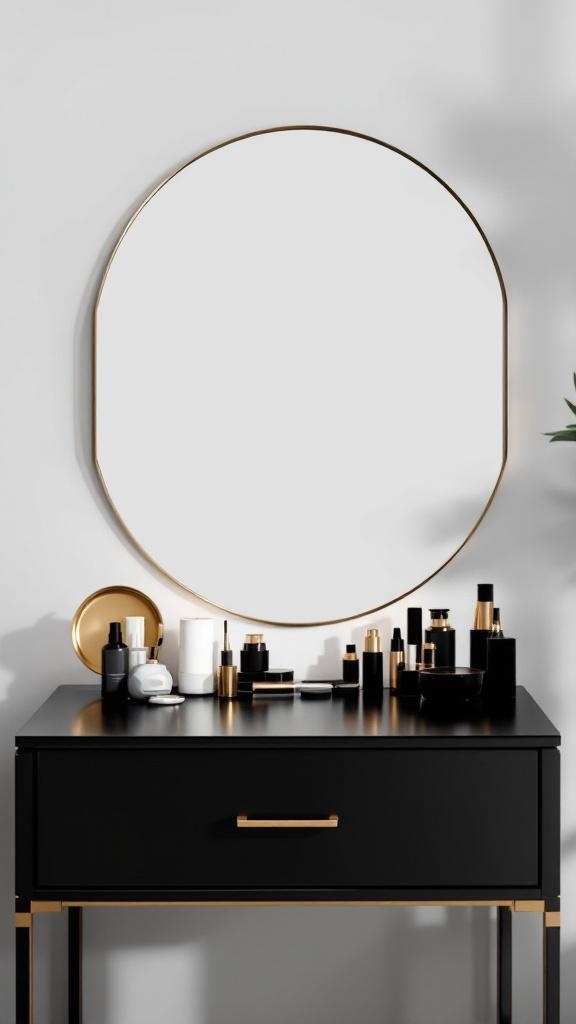 A black vanity with gold accents, featuring a round mirror and neatly arranged beauty products.