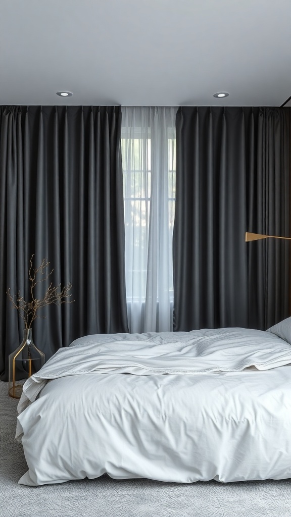 A bedroom featuring sleek black curtains, a light-colored bed, and a modern decor style.