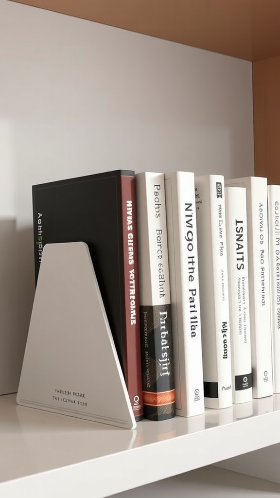 A modern bookshelf featuring sleek bookends and a variety of books.