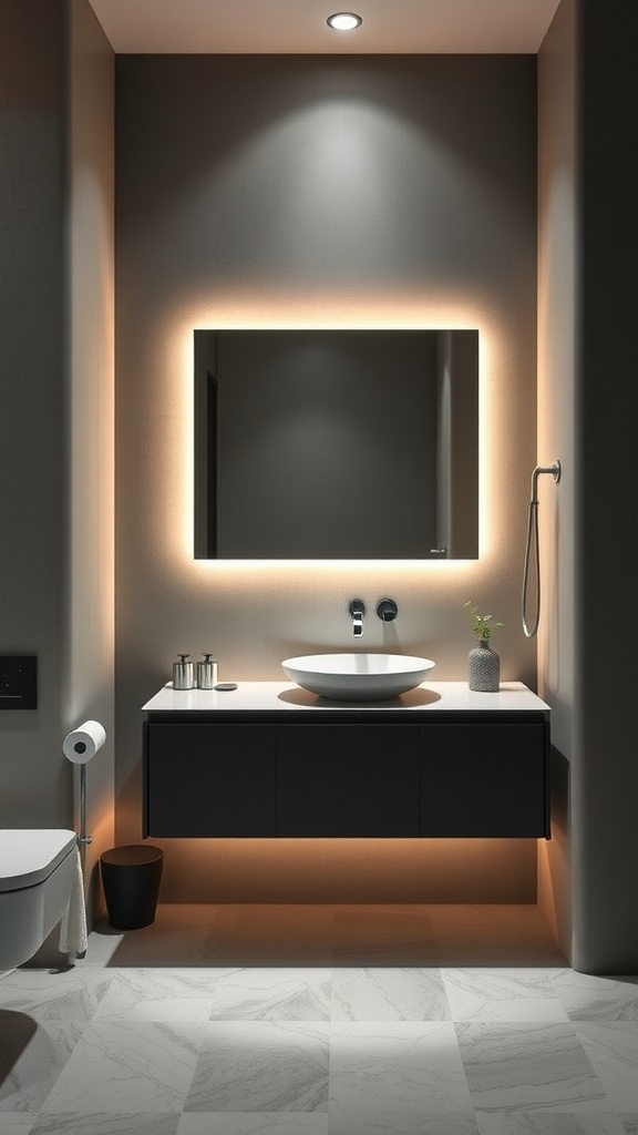 Modern floating vanity in a sleek bathroom setting with backlit mirror