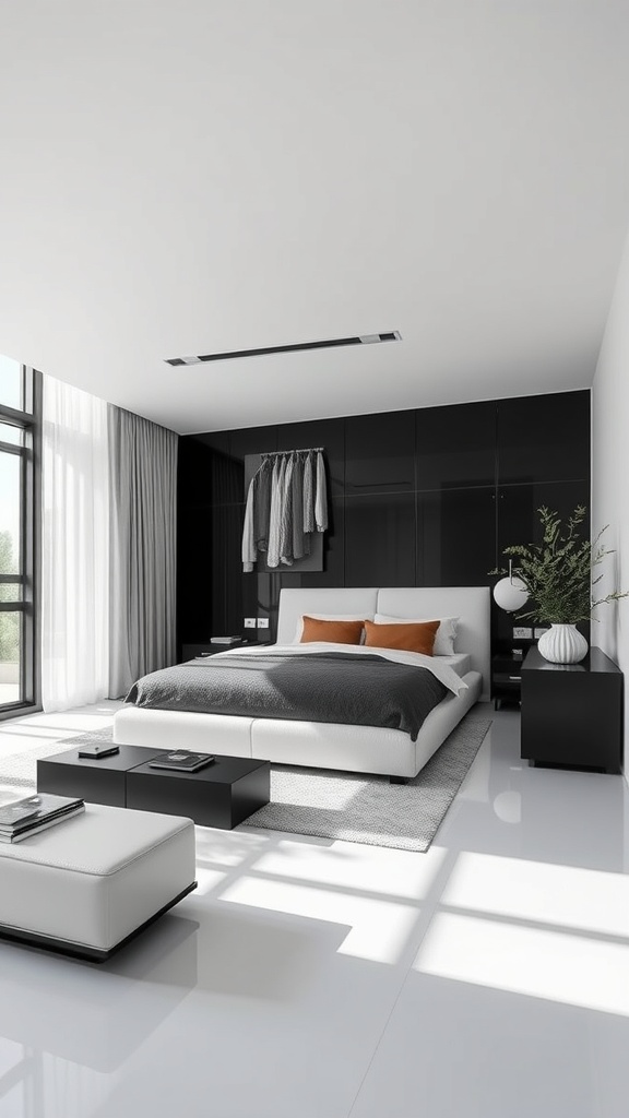 A modern black and white bedroom featuring sleek furniture, a bed with gray and orange accents, and large windows.