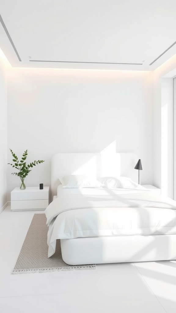 A minimal white bedroom featuring a sleek bed, nightstand, lamp, and green plant.