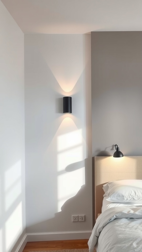 Minimal bedroom with sleek wall sconce and bedside lamp