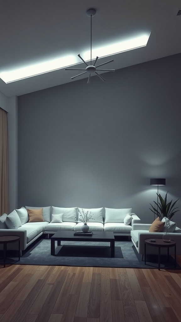 A minimalist living room with sleek lighting fixtures and a modern design
