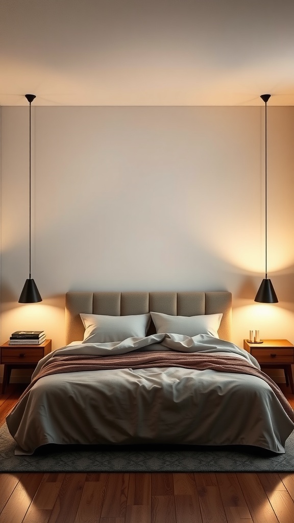A minimalist bedroom featuring sleek pendant lighting on either side of a neatly made bed with a soft color palette.