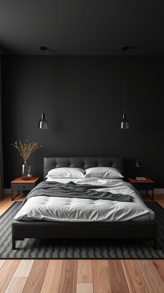 A sleek black bedroom featuring a low-profile black leather bed, white bedding, and stylish pendant lights.