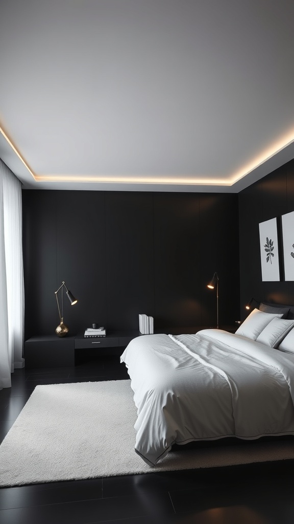 A sleek minimalist bedroom with black walls, white bedding, and subtle lighting.