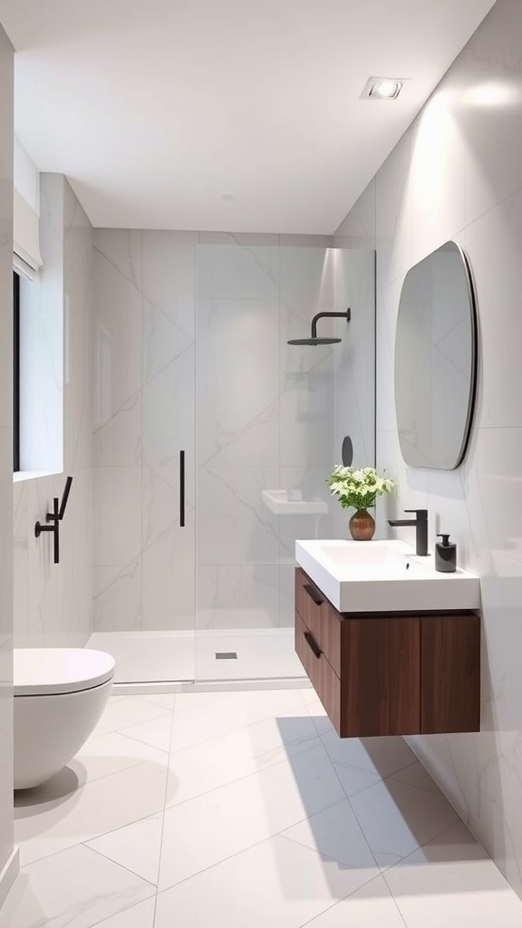 Modern minimalist guest bathroom with a floating vanity and glass shower.