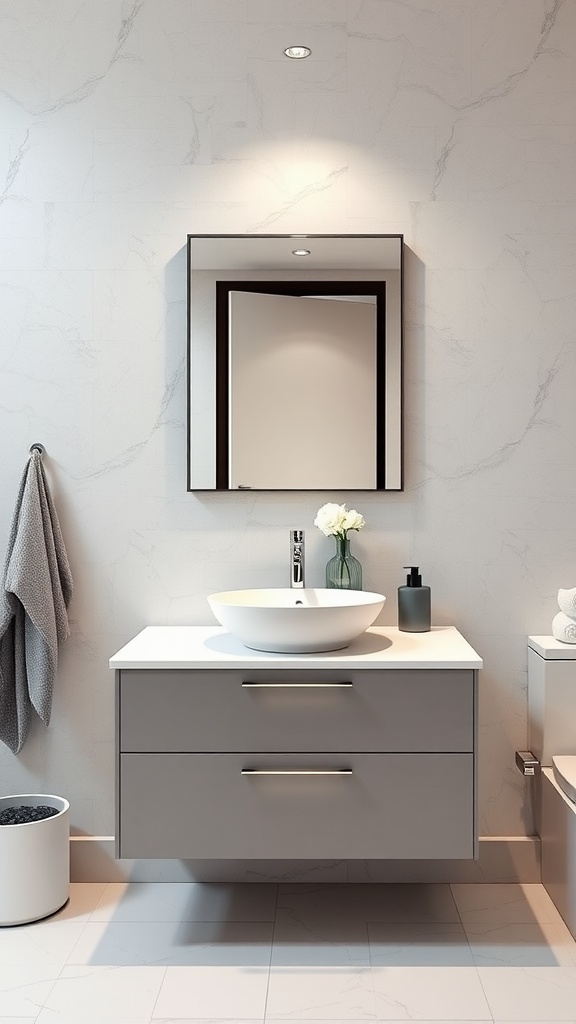 A sleek minimalist bathroom vanity featuring a round vessel sink, elegant faucet, and a floating gray cabinet.
