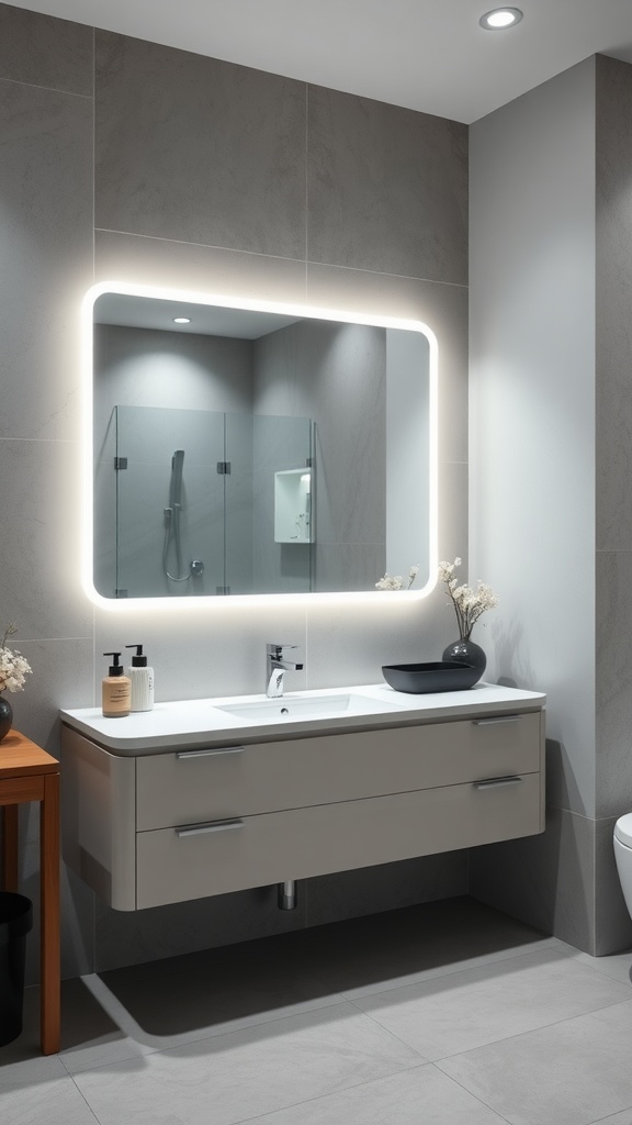 A sleek, modern bathroom vanity with a backlit mirror, minimalist design, and stylish accessories.