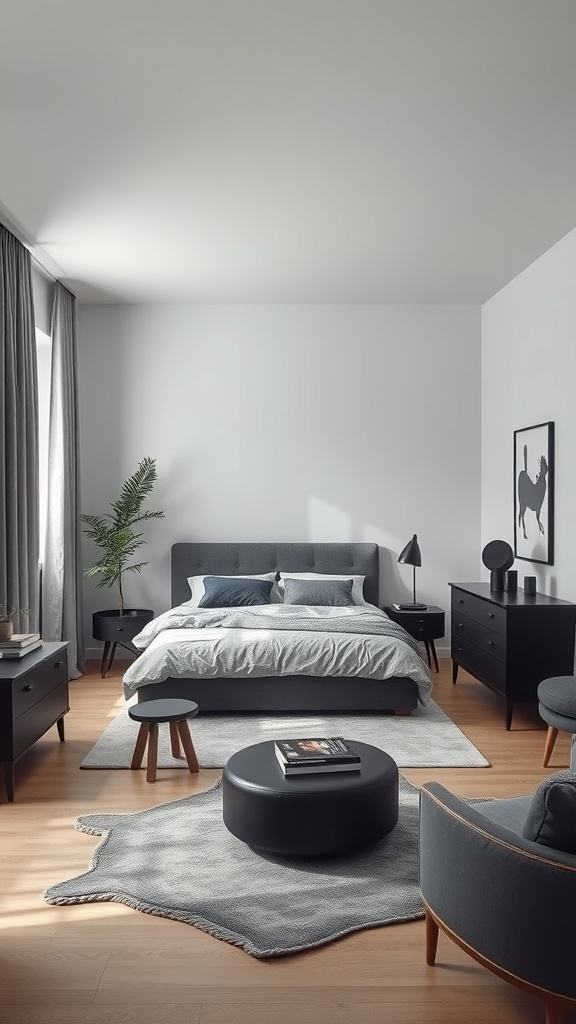 A modern gray and black bedroom featuring a comfortable bed, minimalist furniture, and a cozy accent chair.