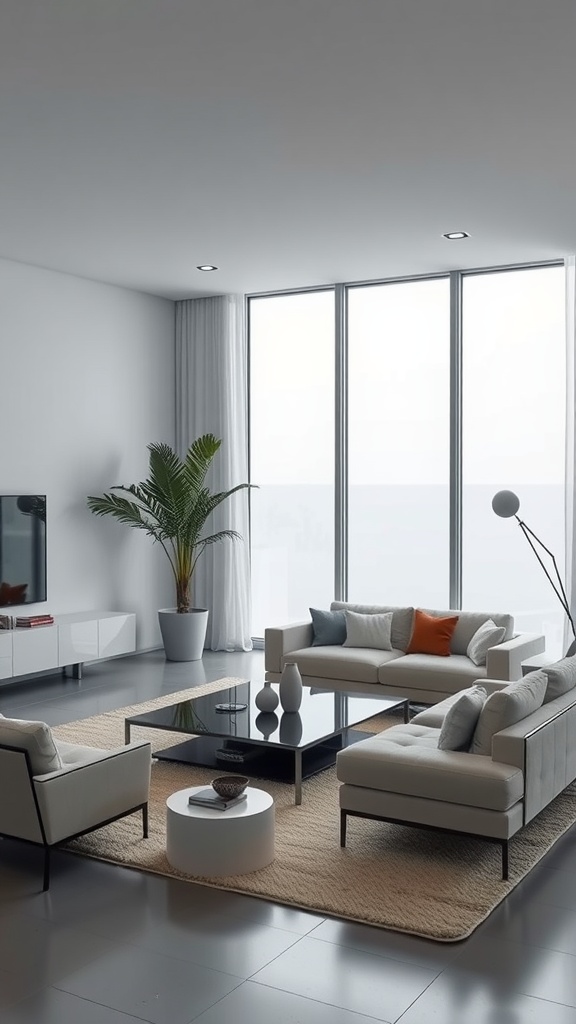 A modern living room with large windows, neutral furniture, and a plant.