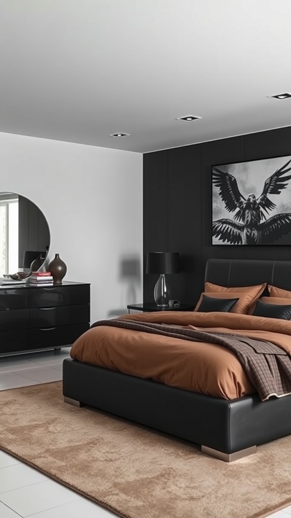 A modern bedroom featuring a black and brown color scheme with sleek furniture and decor.