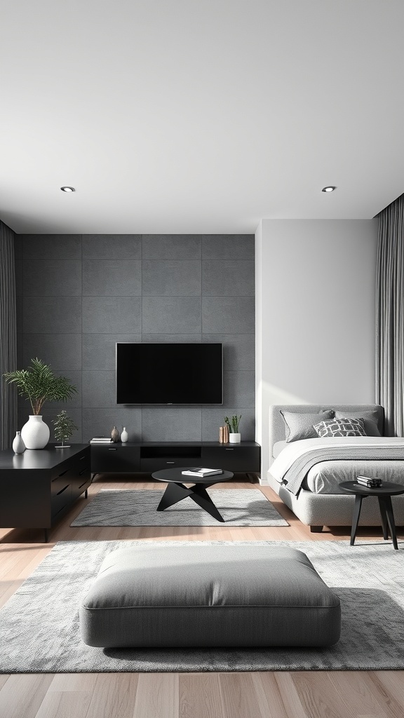 A modern grey and black bedroom featuring sleek furniture, a cozy bed, and stylish decor.