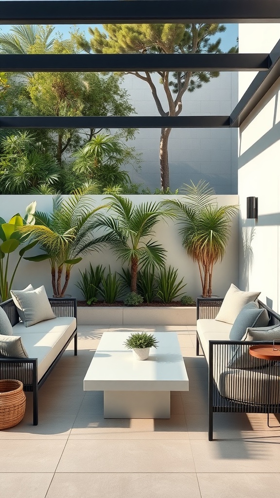 A modern backyard lounge area featuring sleek furniture and lush greenery.